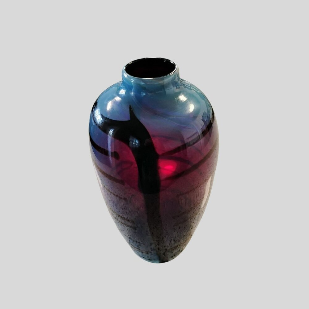 Handblown Iridescent Art Glass Vase With Abstract Design Blue & Purple Tones 12" - Picture 15 of 16